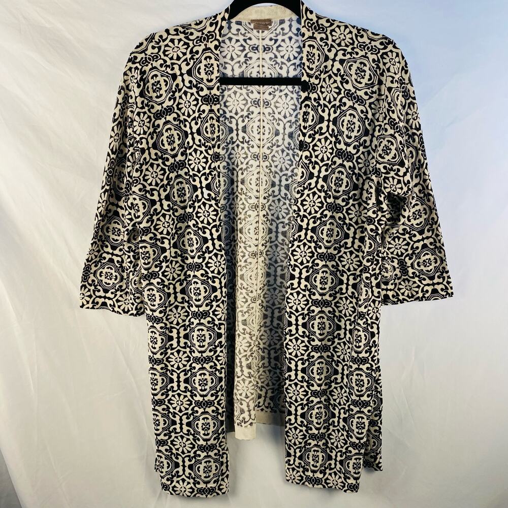 Chico's Black & White Patterned Open Long Cardigan Size 2 / Large